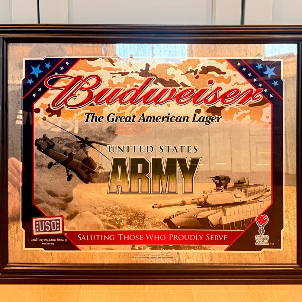 Budweiser Anheuser-Busch framed mirror painting honoring the US Army